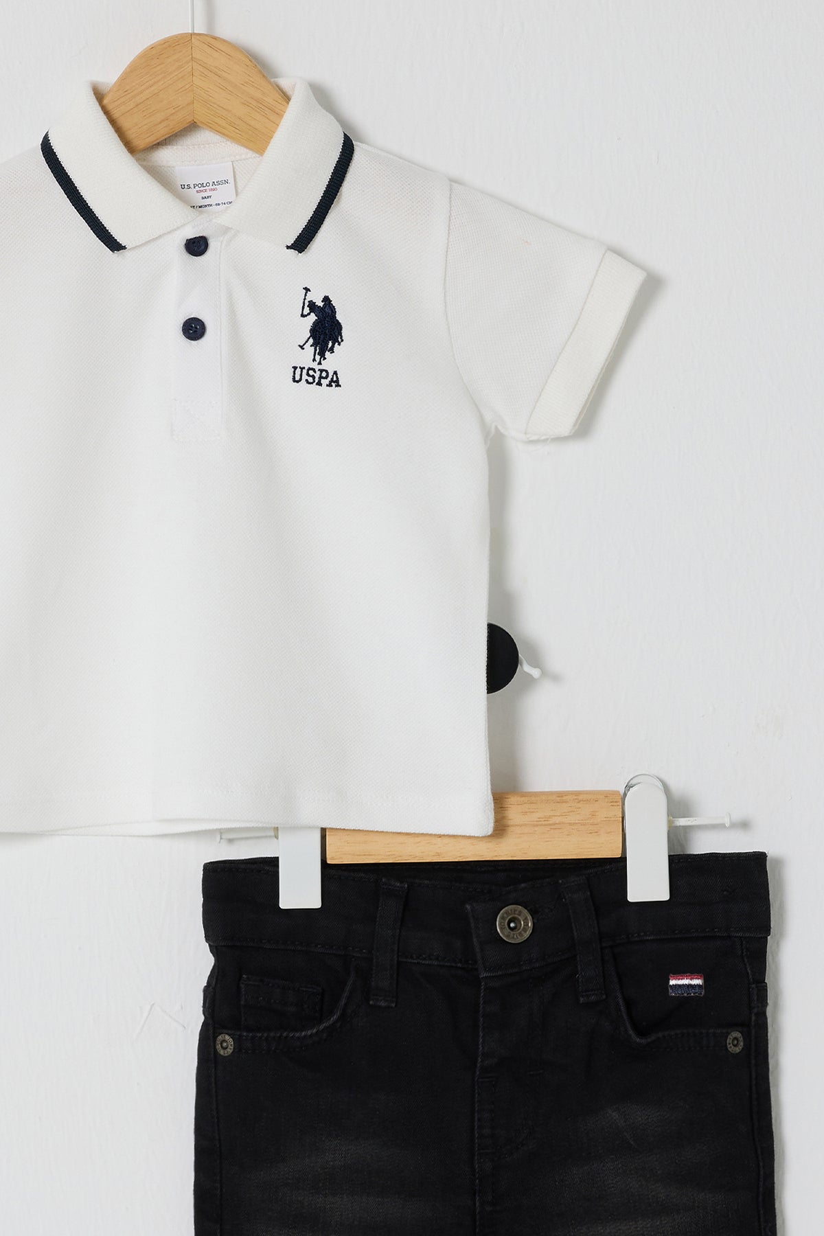 U.S. Polo Assn., Set de tricou polo si blugi - 2 Piese, Negru stins, Alb optic, 80-86 CM
