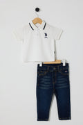 U.S. Polo Assn., Set de tricou polo si blugi - 2 Piese, Albastru inchis, Alb murdar, 74-80 CM