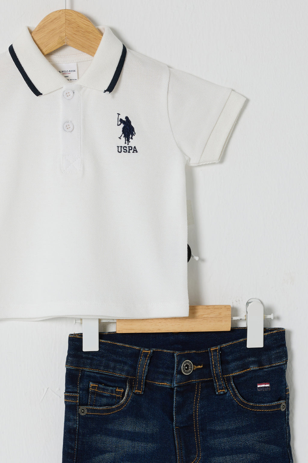 U.S. Polo Assn., Set de tricou polo si blugi - 2 Piese, Albastru inchis, Alb murdar, 74-80 CM
