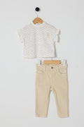 U.S. Polo Assn., Set de tricou cu imprimeu si pantaloni - 2 Piese, Alb murdar, Bej deschis, 86-92 CM