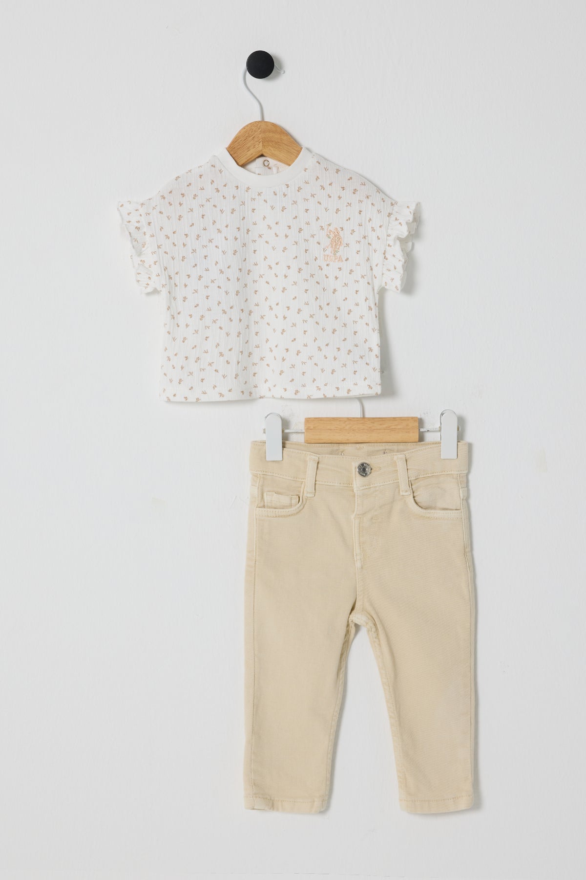 U.S. Polo Assn., Set de tricou cu imprimeu si pantaloni - 2 Piese, Alb murdar, Bej deschis, 86-92 CM