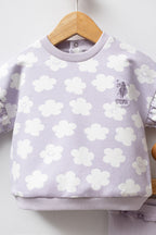 U.S. Polo Assn., Set de bluza de trening cu model floral si pantaloni uni, 2 piese, Alb, Violet deschis, 98 CM