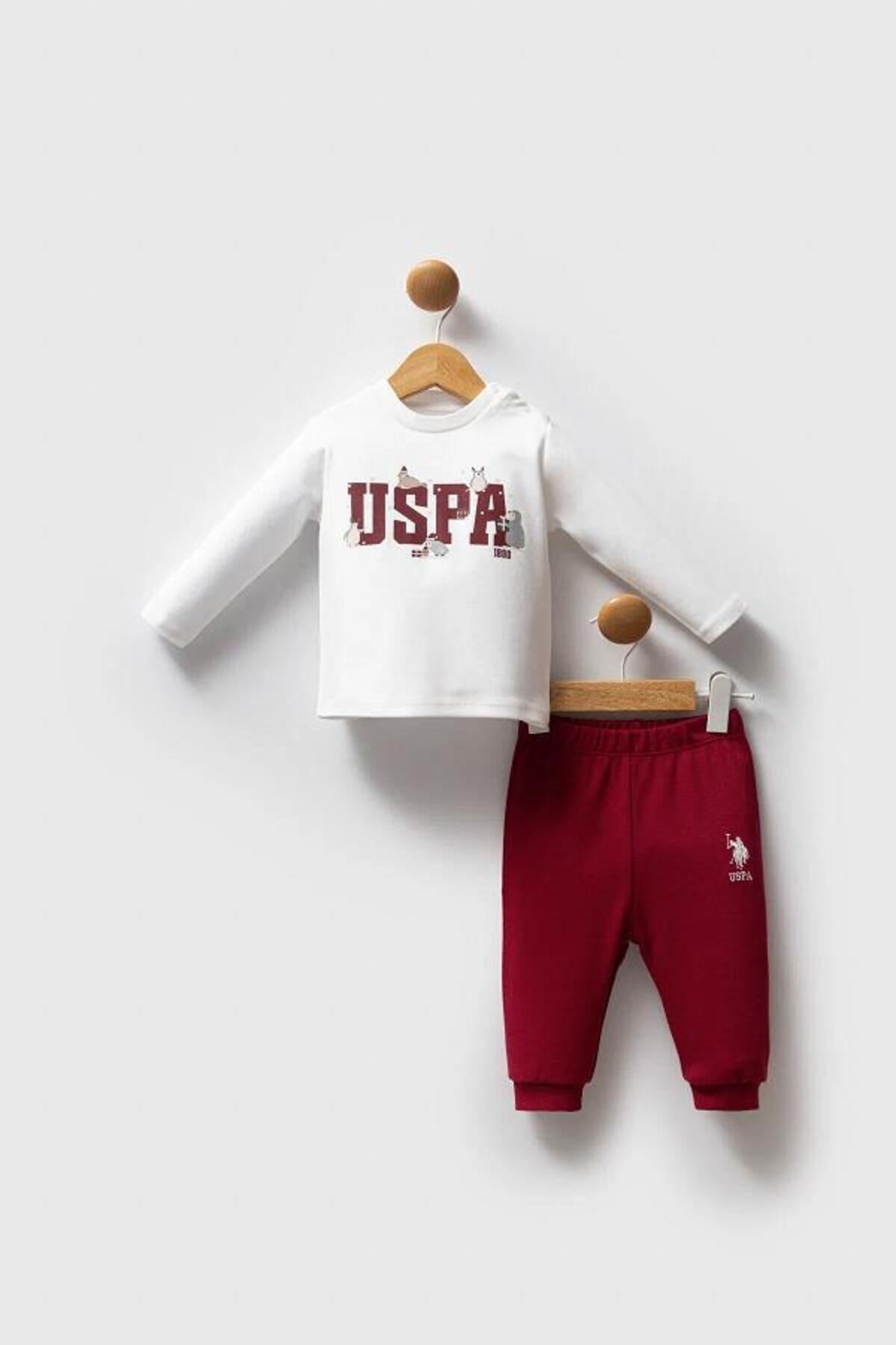 U.S. Polo Assn., Set de imbracaminte cu logo brodat - 3 piese, Rosu inchis, Alb optic, 80-86 CM