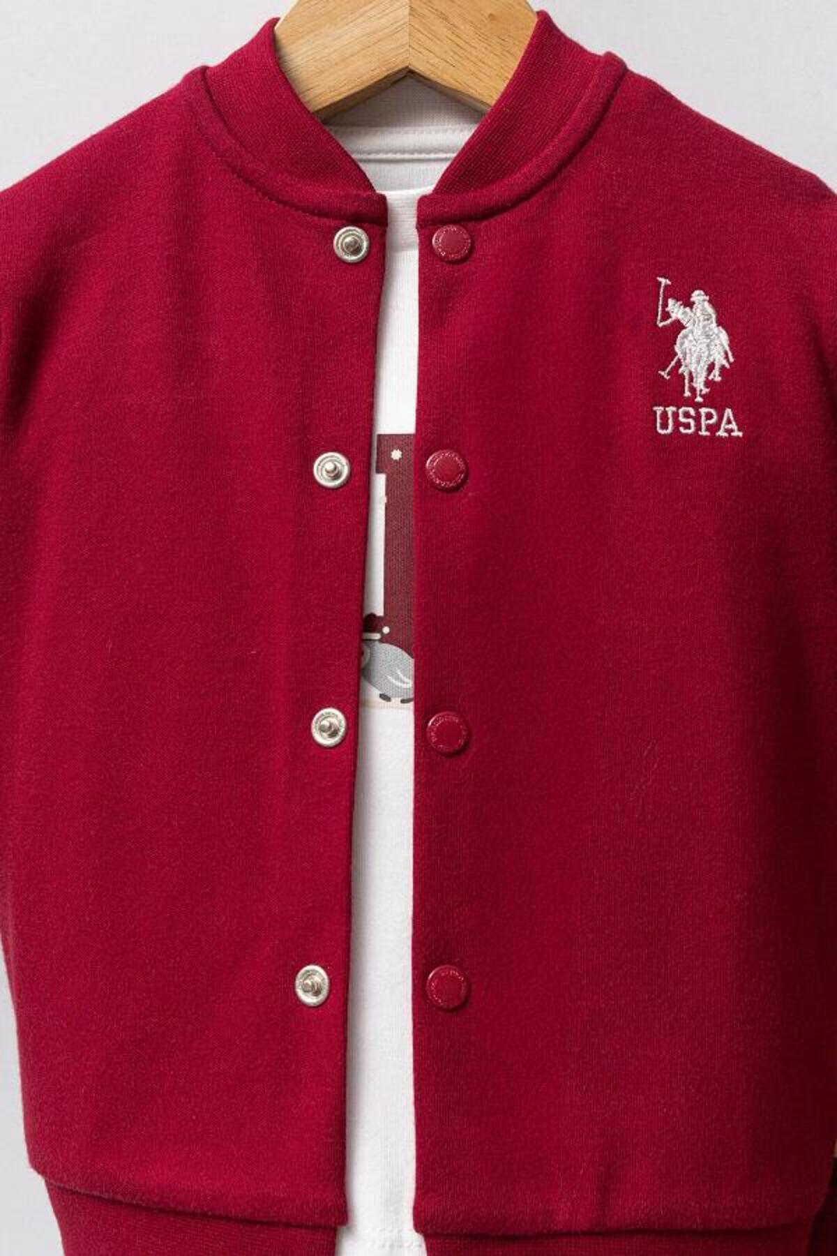 U.S. Polo Assn., Set de imbracaminte cu logo brodat - 3 piese, Rosu inchis, Alb optic, 80-86 CM