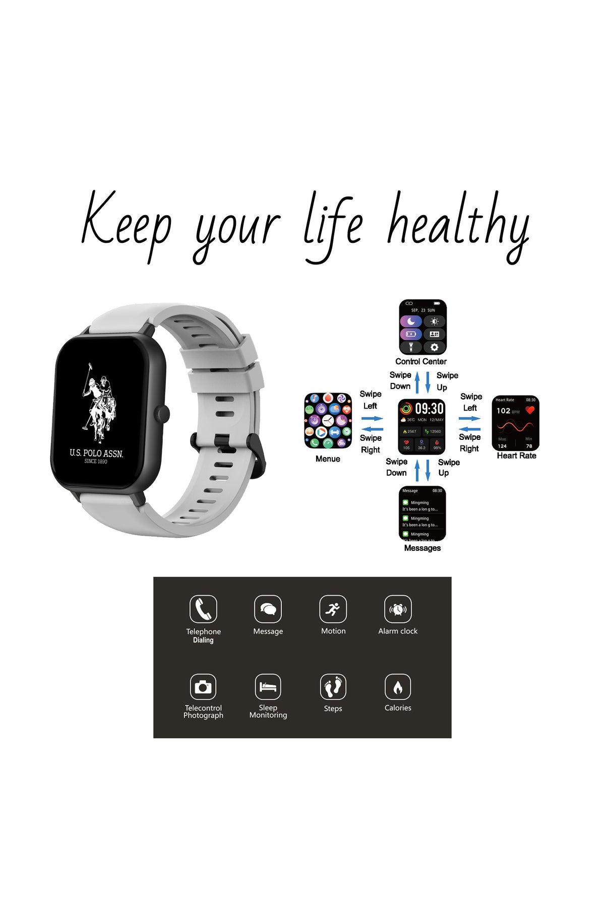 U.S. Polo Assn. Ceas Inteligent Smartwatch, Monitorizare Puls, Notificări Apeluri și Mesaje, Compatibil iOS/Android