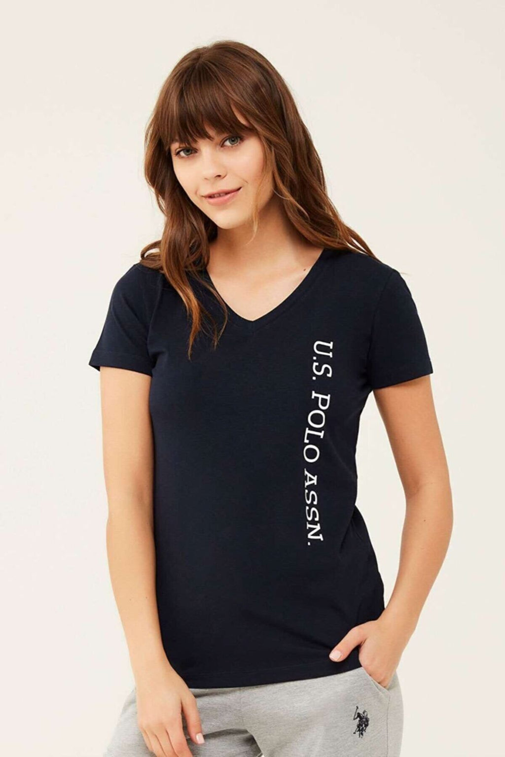 U.S. Polo Assn., Tricou de casa cu decolteu in V si imprimeu logo