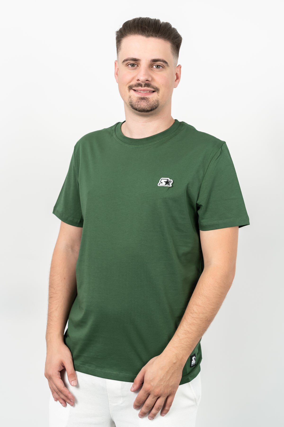 Starter, Tricou cu decolteu la baza gatului, logo discret, regular fit, WARREN, Verde inchis