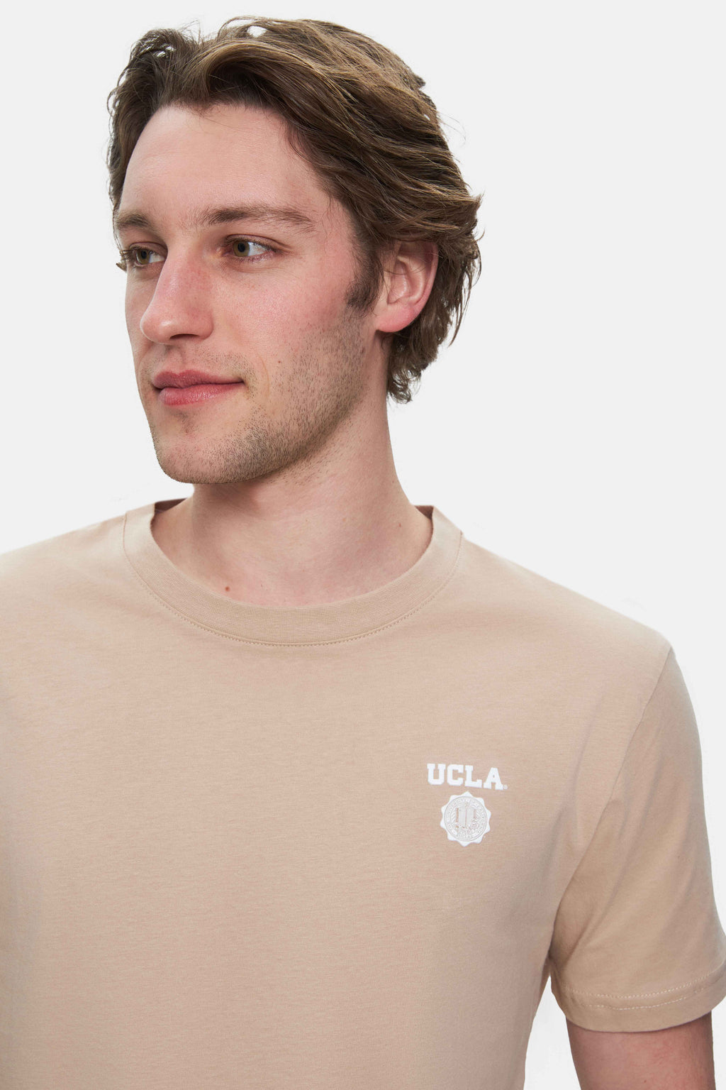 UCLA Tricou cu decolteu la baza gatului, imprimeu cu logo, regular fit, Bej, BASS
