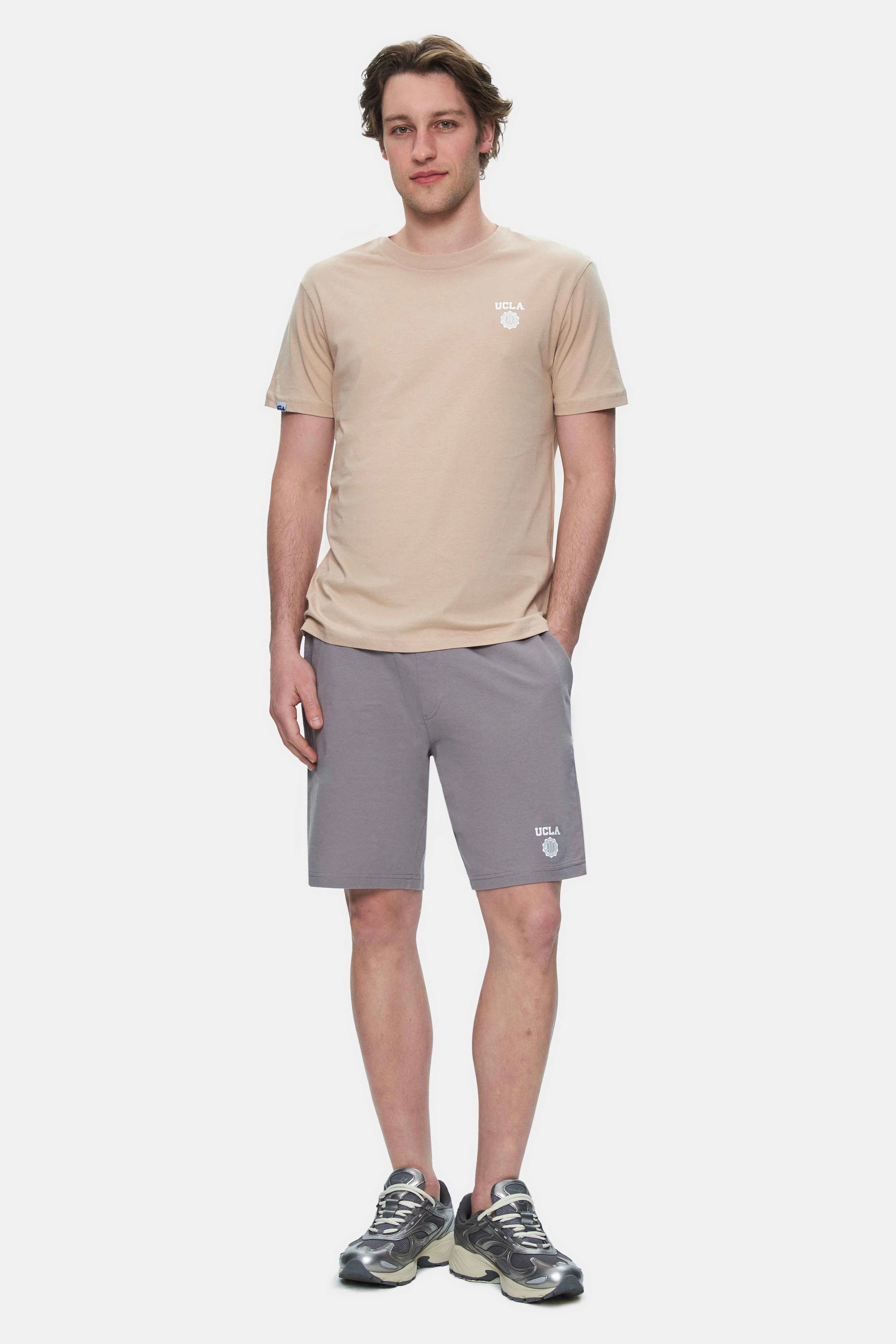 UCLA Tricou cu decolteu la baza gatului, imprimeu cu logo, regular fit, Bej, BASS
