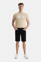 UCLA Pantaloni scurti cu snur si banda elastica in talie, buzunare laterale si imprimeu cu logo discret, Negru, DARREL