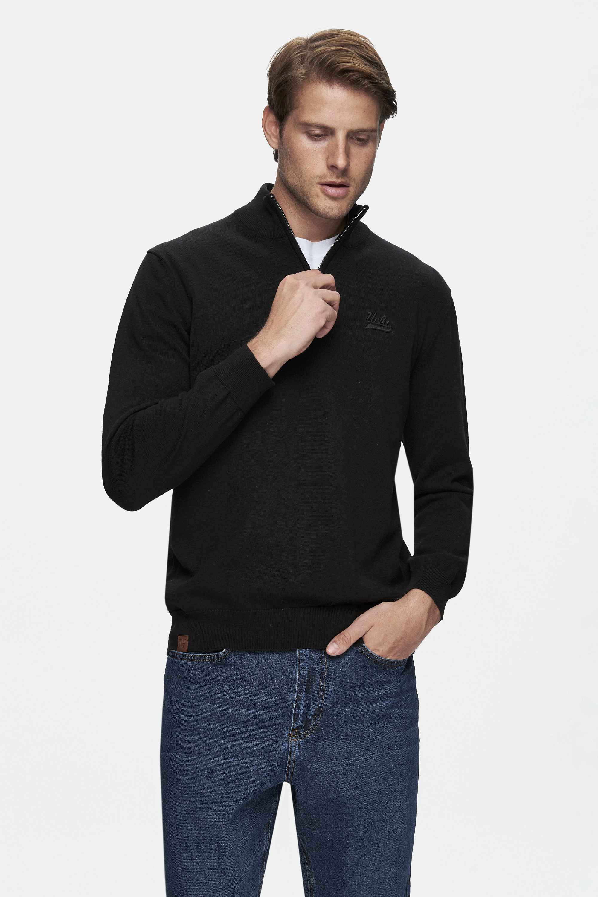 UCLA Pulover tip tricot, cu logo brodat, decolteu la baza gatului, Negru, FRED