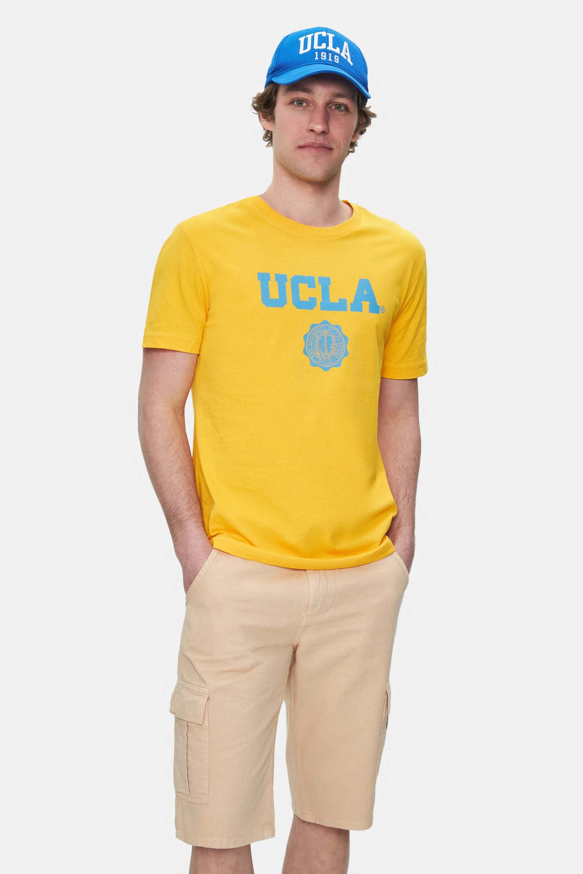 UCLA Tricou cu decolteu la baza gatului, imprimeu cu logo, regular fit, Galben, GAYLEY