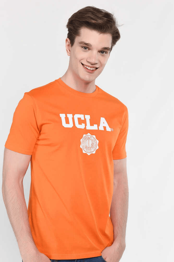 UCLA Tricou cu decolteu la baza gatului, imprimeu cu logo, regular fit, Portocaliu, GAYLEY