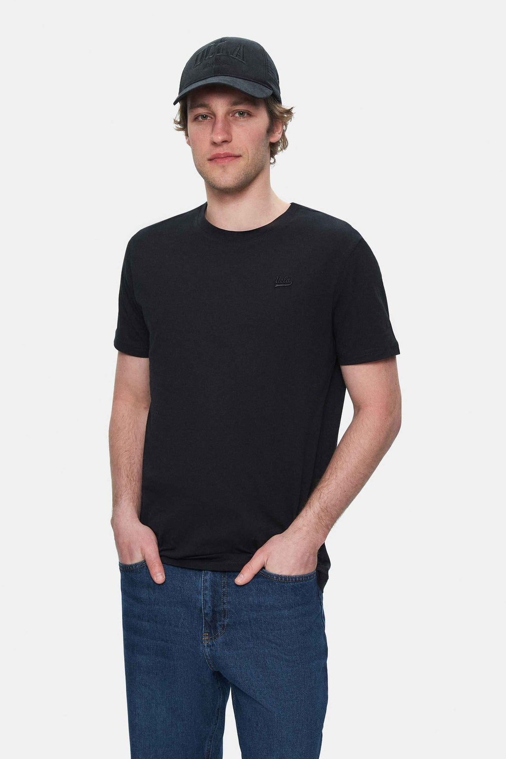 UCLA Tricou cu decolteu la baza gatului, imprimeu cu logo, regular fit, Negru, HARPER
