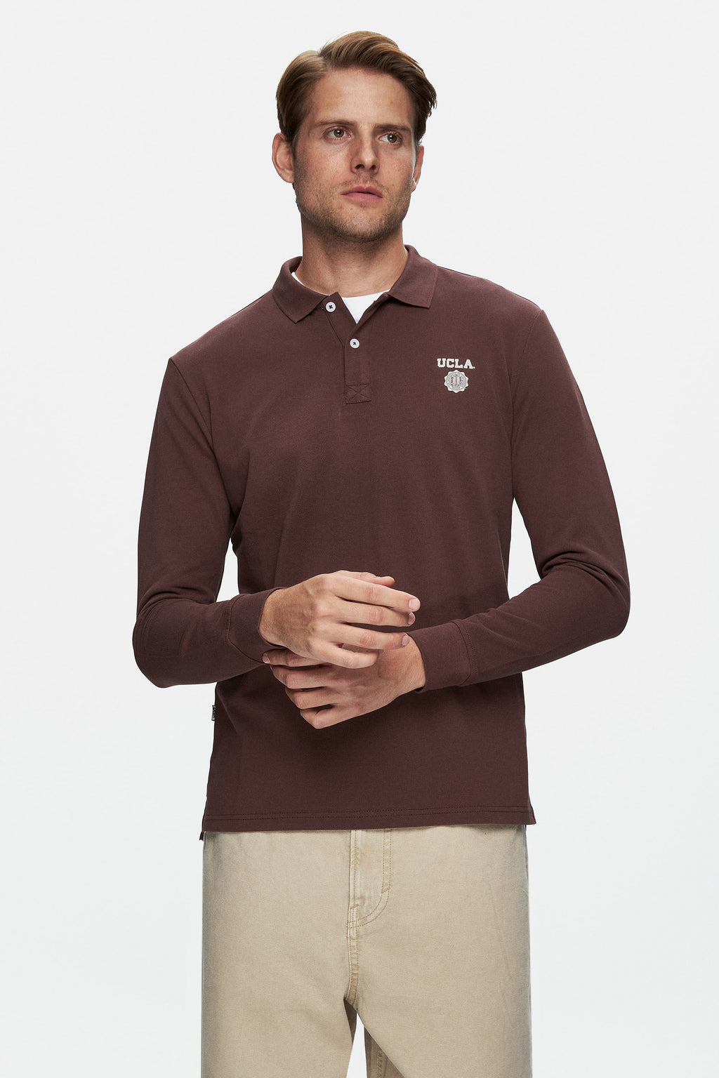 UCLA Bluza cu decolteu la baza gatului, regular fit, imprimeu cu logo, Maro, MAXWELL