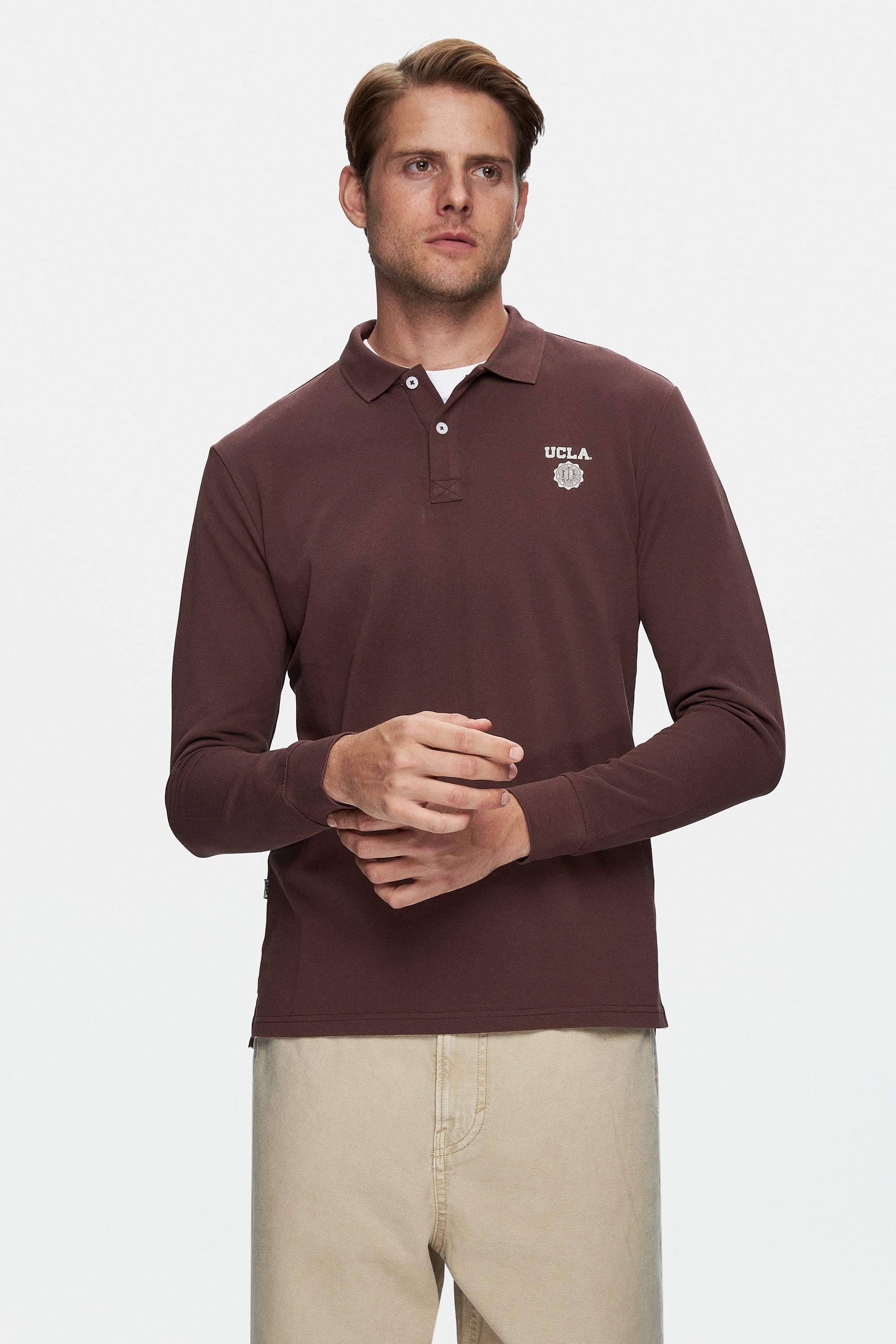 UCLA Bluza cu decolteu la baza gatului, regular fit, imprimeu cu logo, Maro, MAXWELL