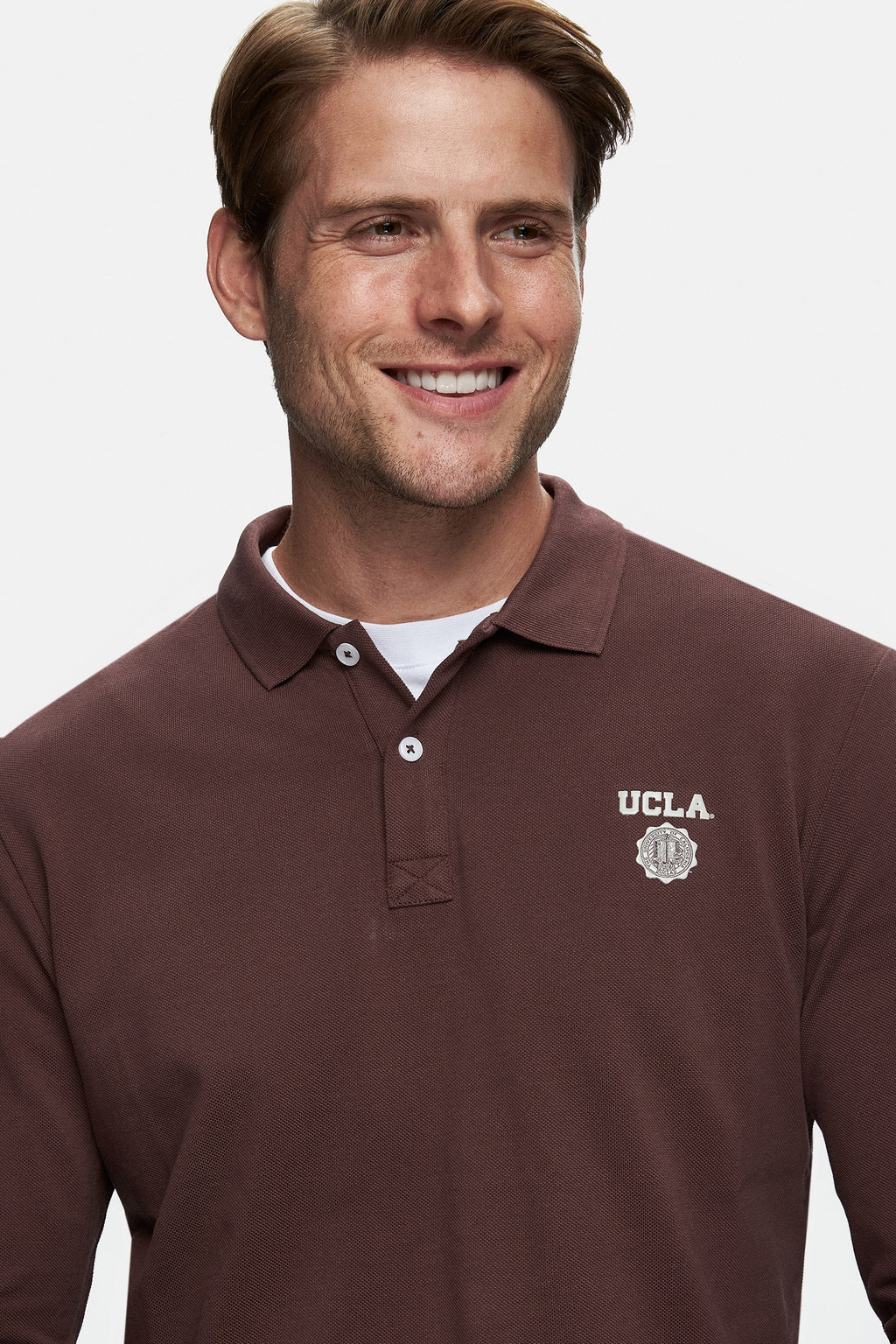 UCLA Bluza cu decolteu la baza gatului, regular fit, imprimeu cu logo, Maro, MAXWELL