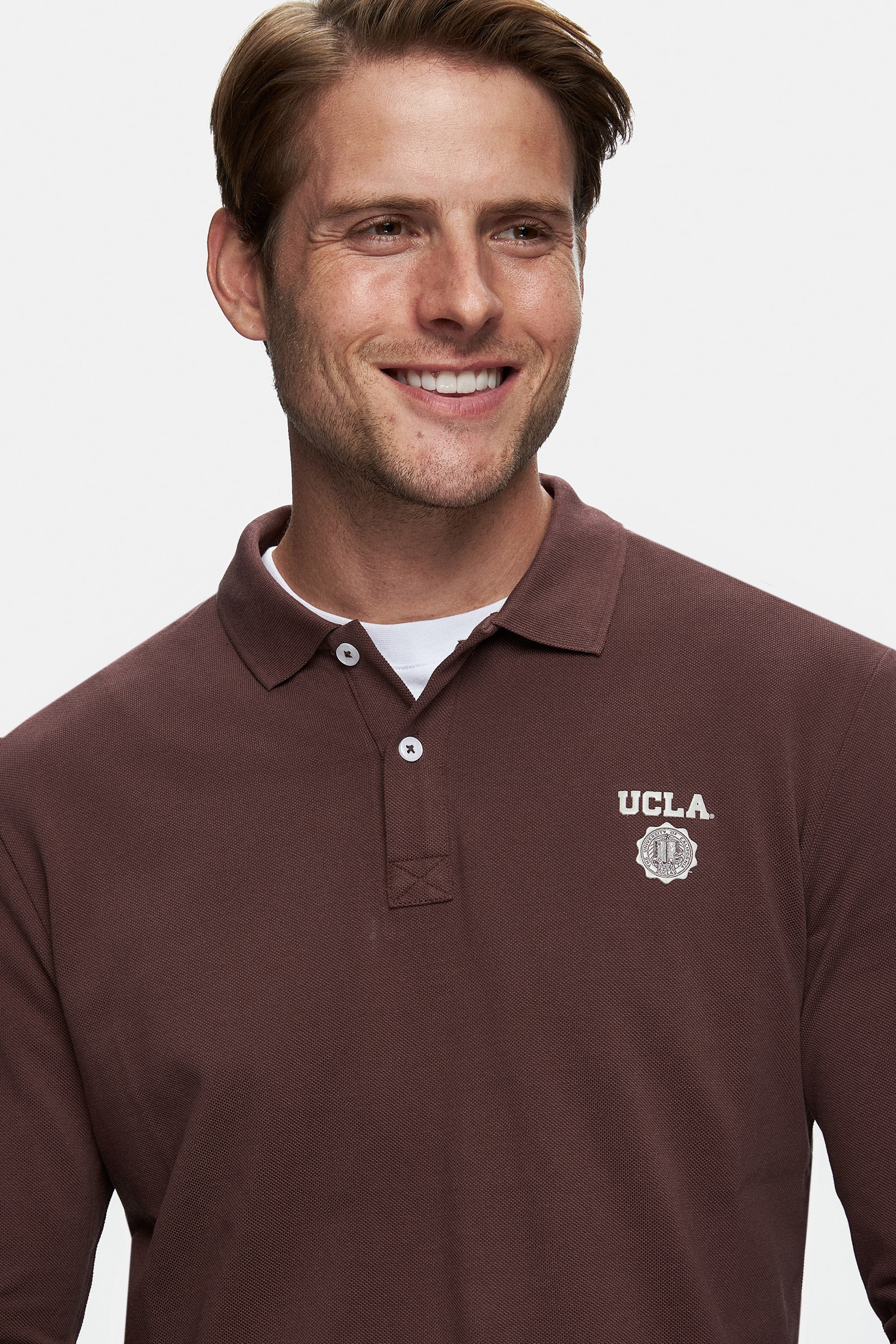 UCLA Bluza cu decolteu la baza gatului, regular fit, imprimeu cu logo, Maro, MAXWELL