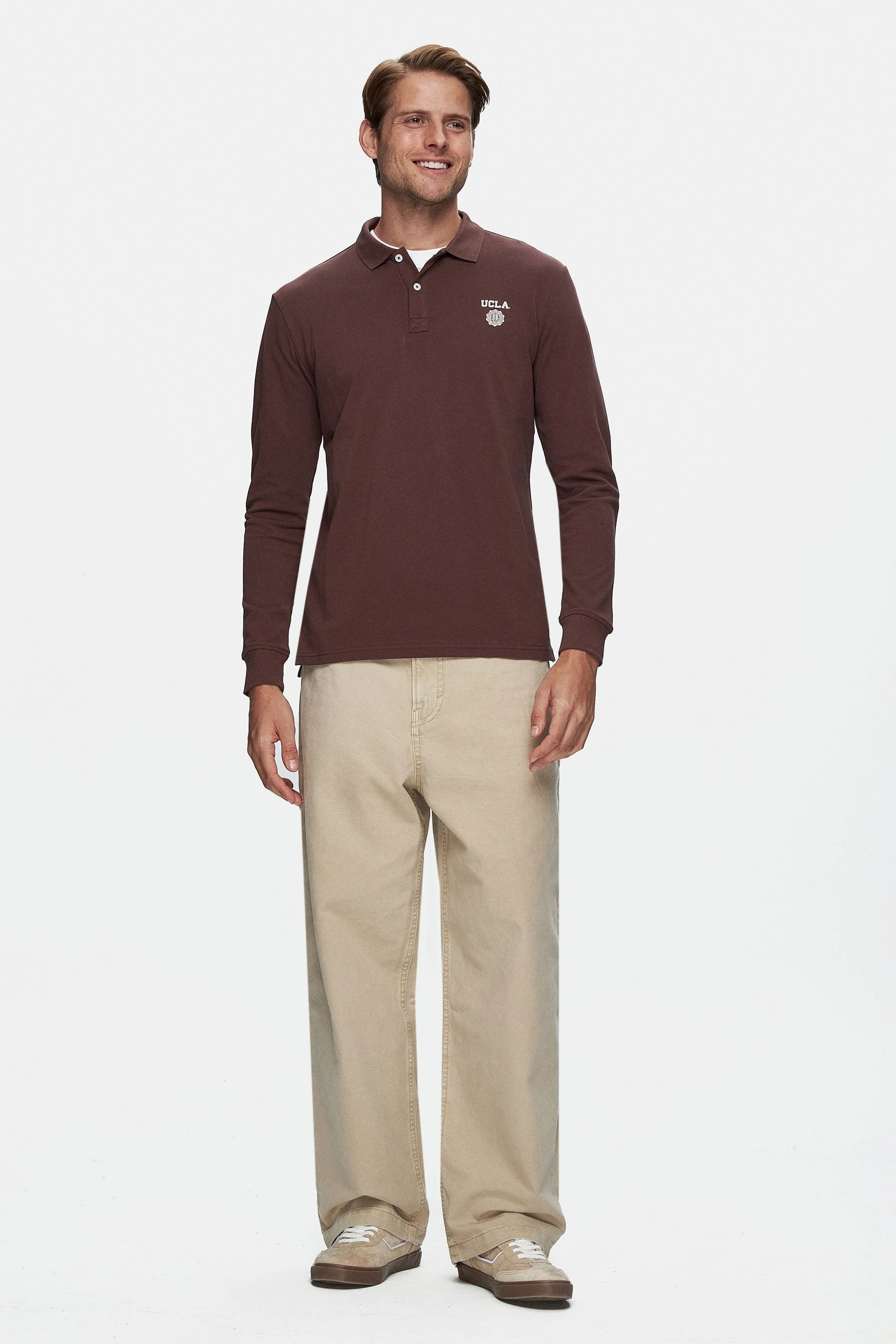 UCLA Bluza cu decolteu la baza gatului, regular fit, imprimeu cu logo, Maro, MAXWELL