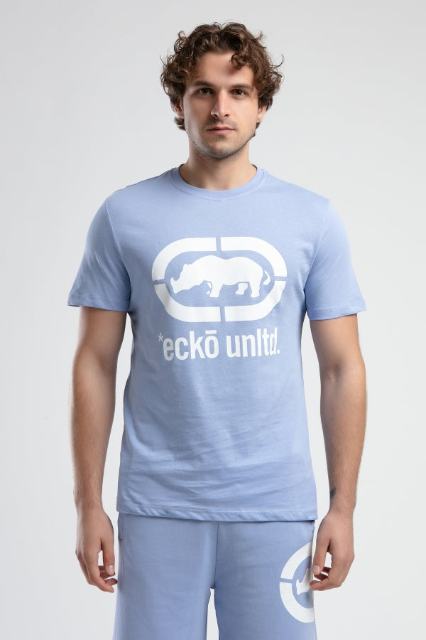 Ecko Unltd. Tricou cu decolteu la baza gatului, imprimeu cu logo, Albastru deschis, MARC