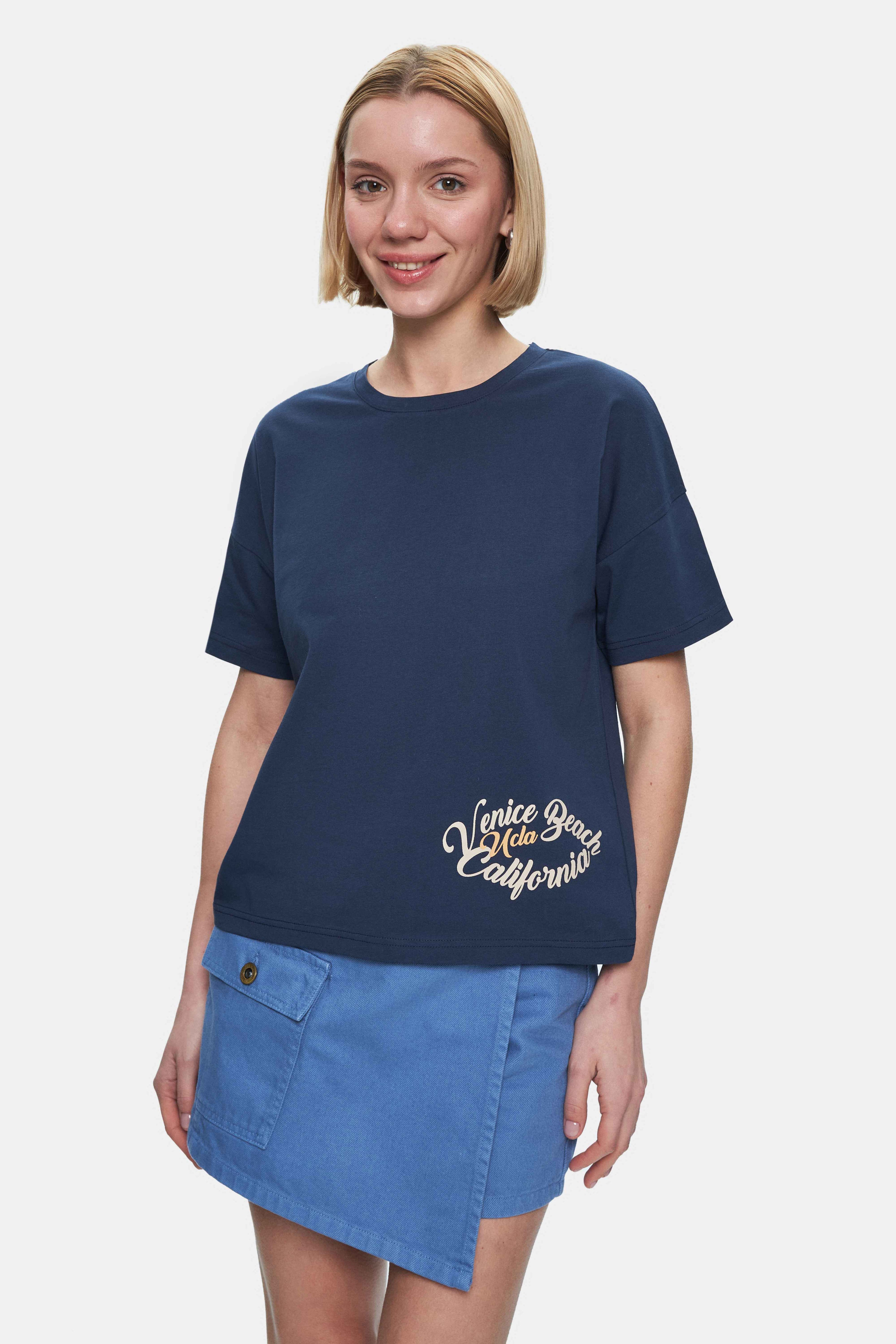 UCLA Tricou cu decolteu la baza gatului, imprimeu cu logo, regular fit, Bleumarin, ODETTE