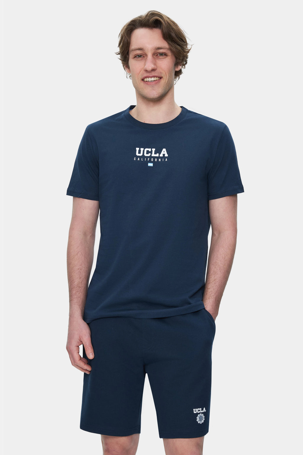 UCLA Tricou cu decolteu la baza gatului, imprimeu cu logo, regular fit, Bleumarin, SHERMAN