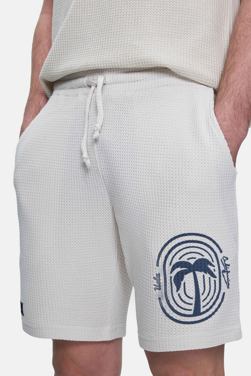 UCLA Pantaloni scurti cu snur si banda elastica in talie, buzunare laterale si imprimeu cu logo discret, Alb, SIERGE