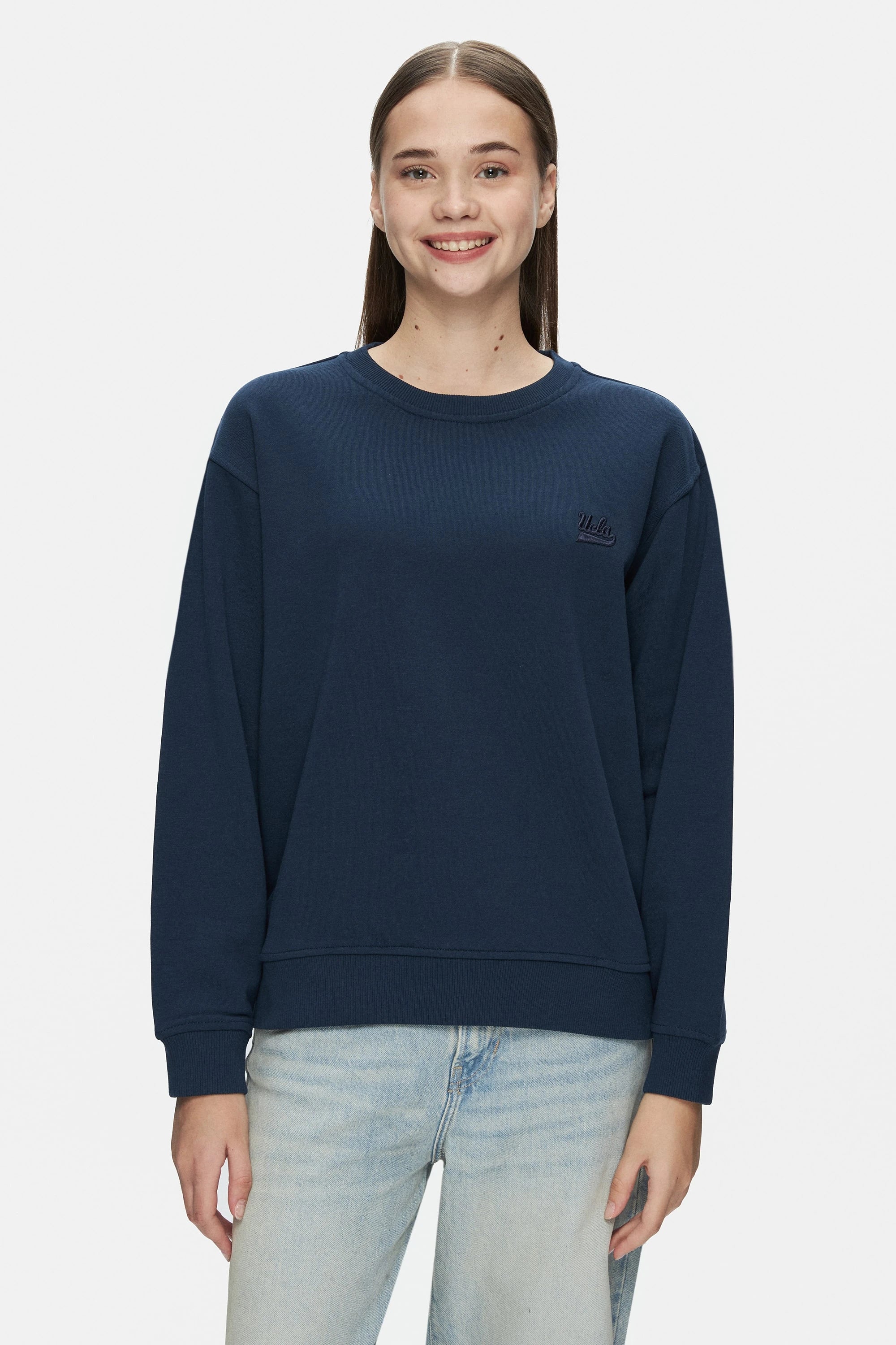 UCLA Bluza cu decolteu la baza gatului, regular fit, imprimeu cu logo, Bleumarin, SUNNIVA