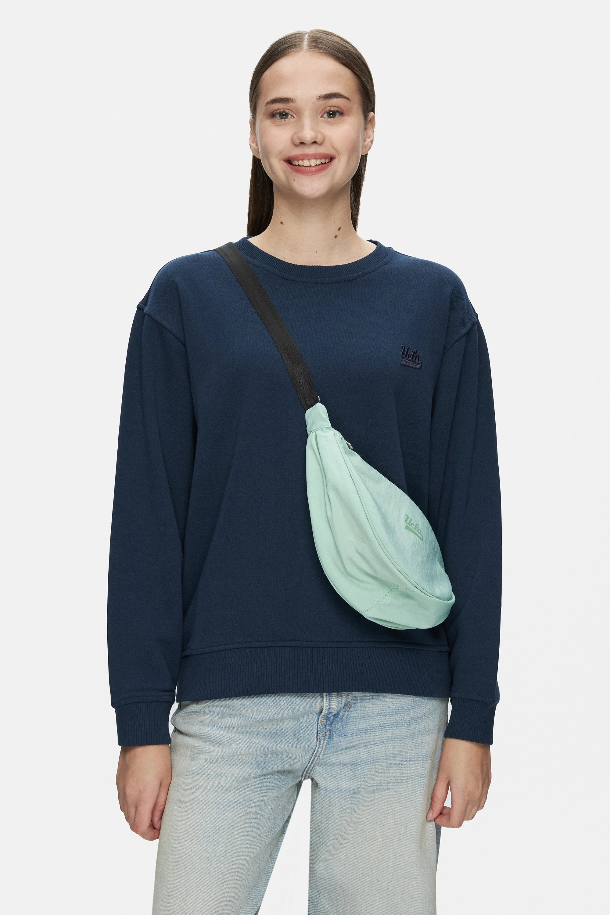 UCLA Bluza cu decolteu la baza gatului, regular fit, imprimeu cu logo, Bleumarin, SUNNIVA