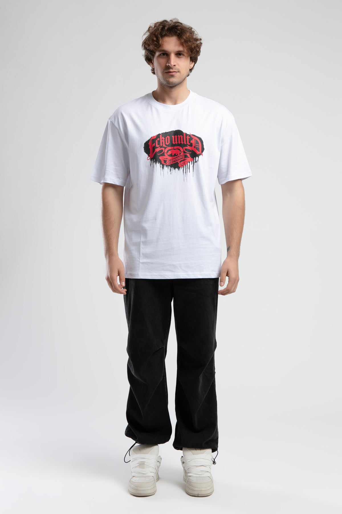 Ecko Unltd. Tricou cu decolteu la baza gatului, imprimeu cu logo, Alb, ROCKEFELLA