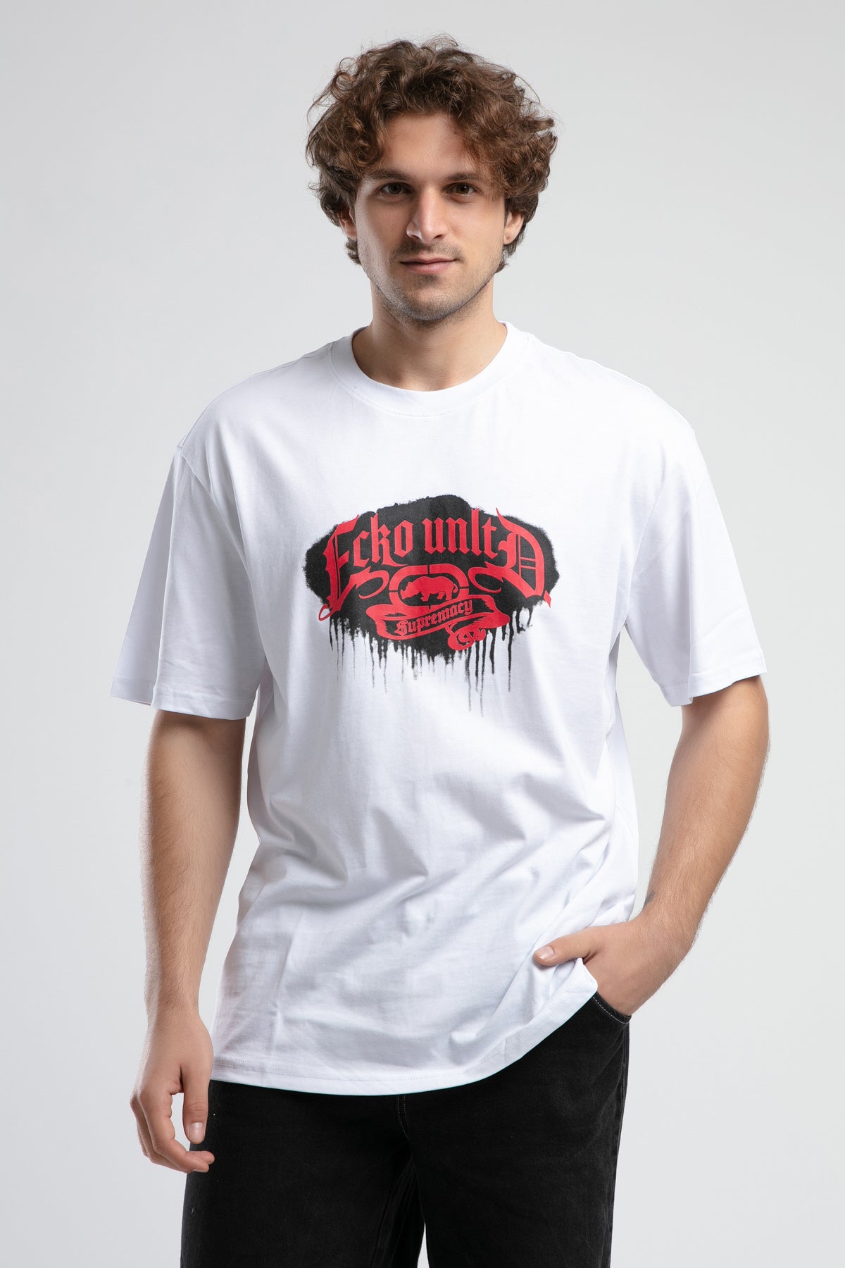 Ecko Unltd. Tricou cu decolteu la baza gatului, imprimeu cu logo, Alb, ROCKEFELLA