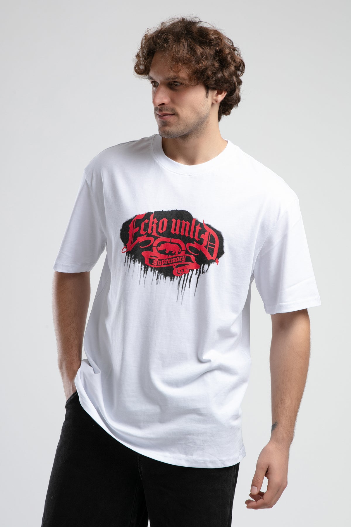 Ecko Unltd. Tricou cu decolteu la baza gatului, imprimeu cu logo, Alb, ROCKEFELLA