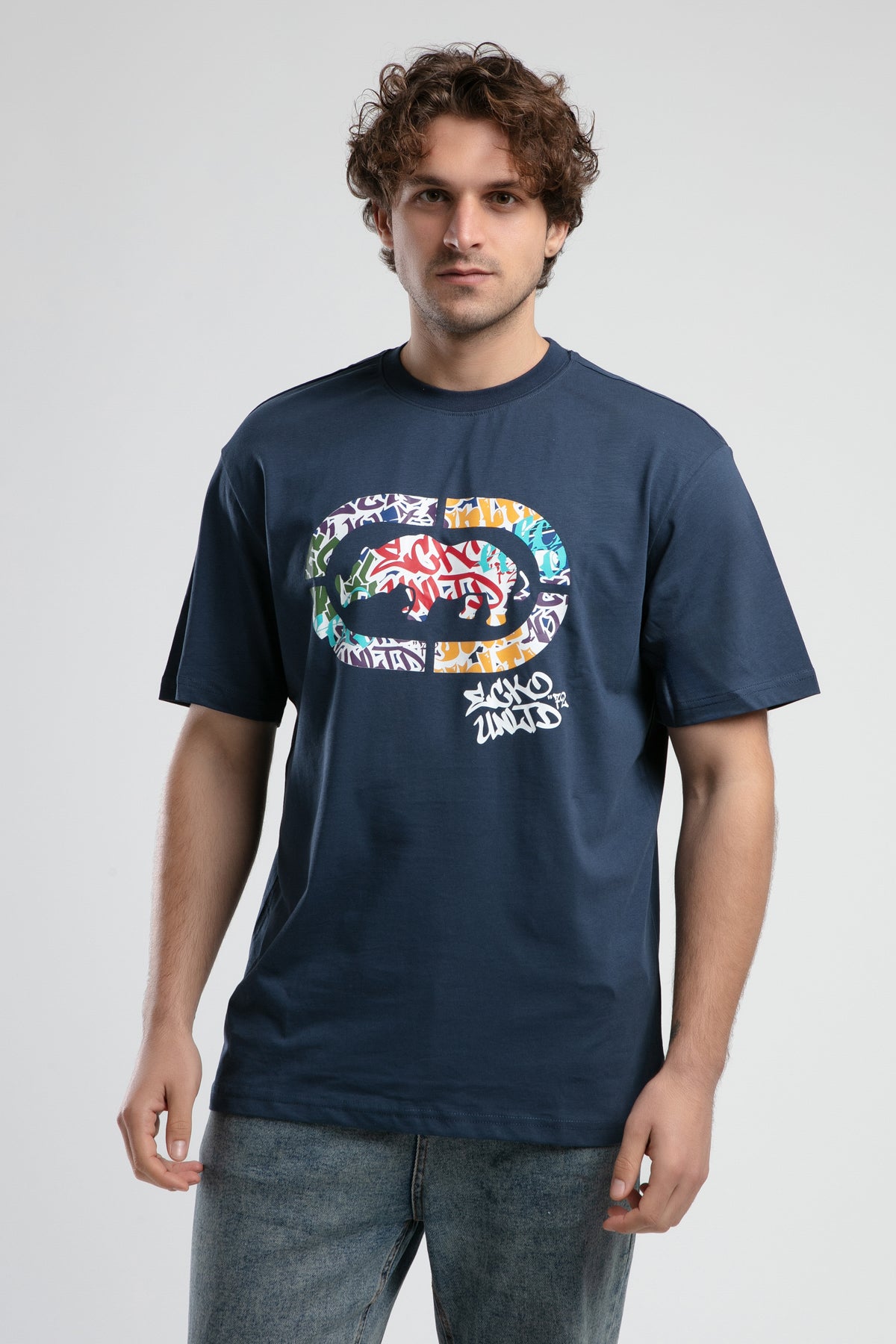 Ecko Unltd. Tricou cu decolteu la baza gatului, imprimeu cu logo, Bleumarin, KINGSTON