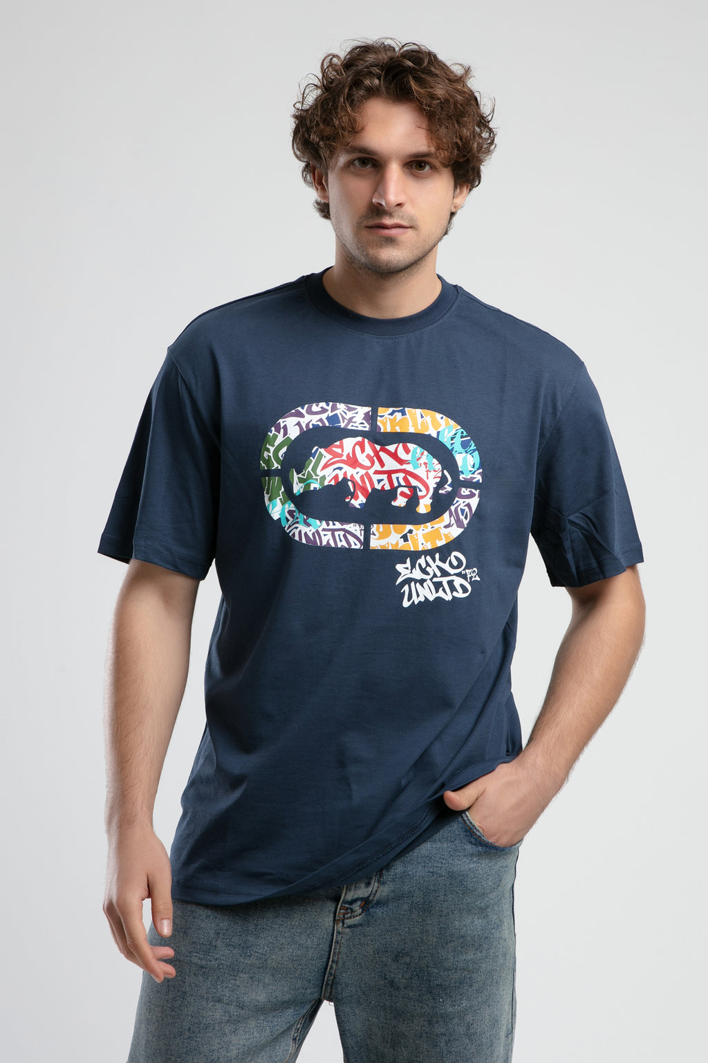 Ecko Unltd. Tricou cu decolteu la baza gatului, imprimeu cu logo, Bleumarin, KINGSTON