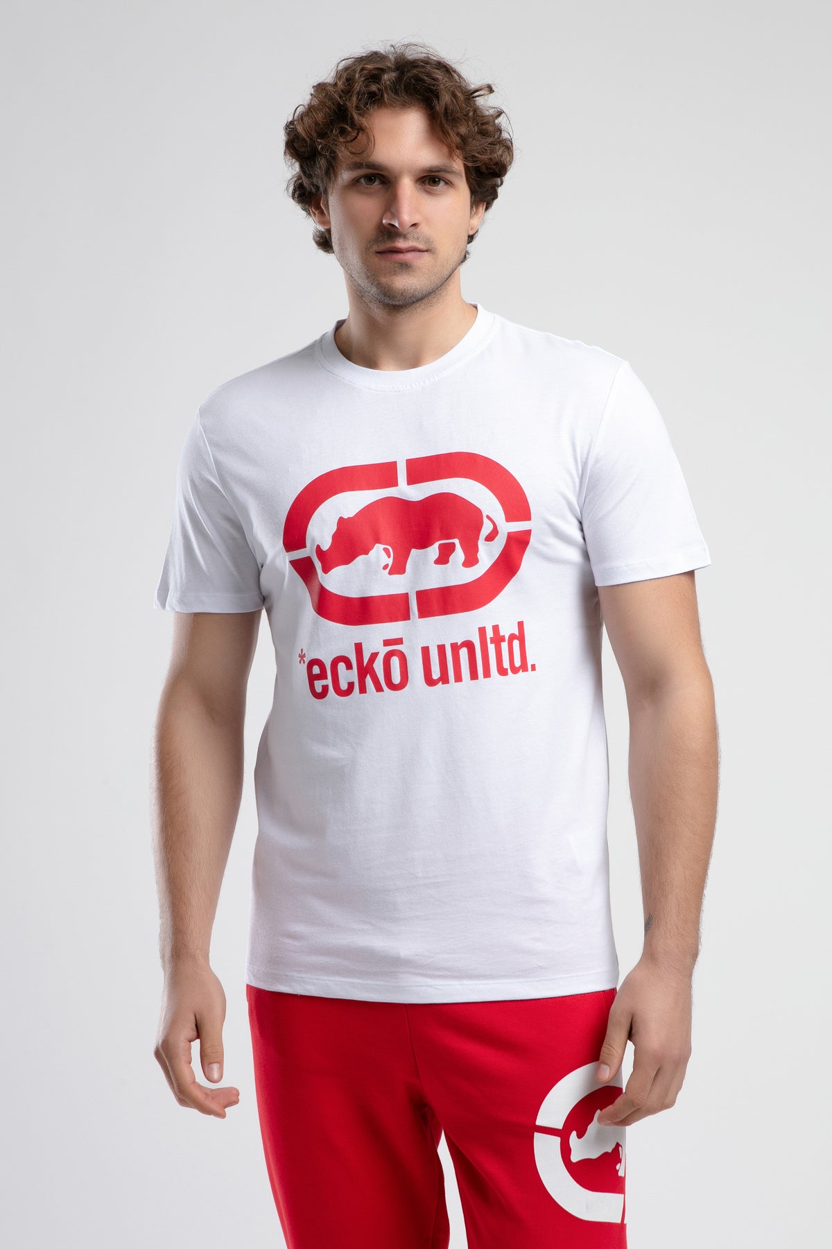 Ecko Unltd. Tricou cu decolteu la baza gatului, imprimeu cu logo, Alb-Rosu, MARC