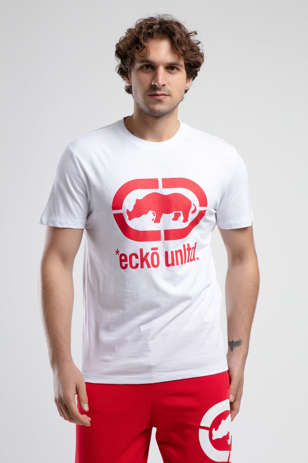 Ecko Unltd. Tricou cu decolteu la baza gatului, imprimeu cu logo, Alb-Rosu, MARC