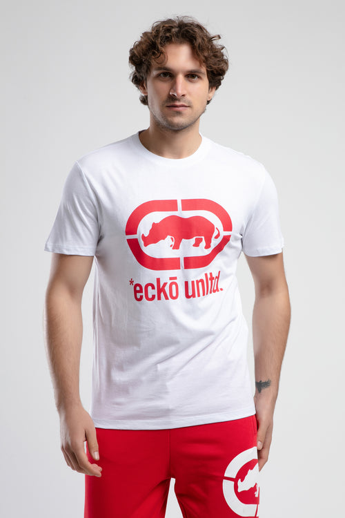Ecko Unltd. Tricou cu decolteu la baza gatului, imprimeu cu logo, Alb-Rosu, MARC