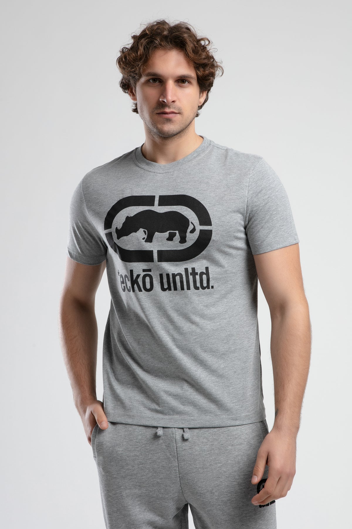 Ecko Unltd. Tricou cu decolteu la baza gatului, imprimeu cu logo, Gri, MARC