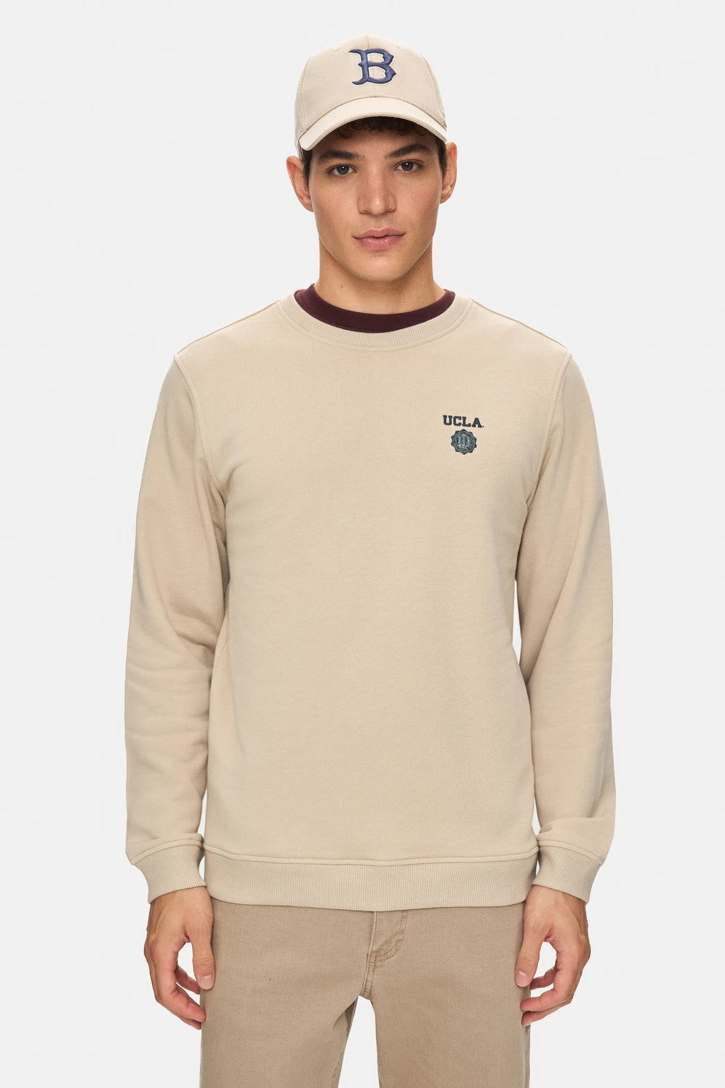 UCLA Bluza cu decolteu la baza gatului, regular fit, imprimeu cu logo, Bej, VALLEY