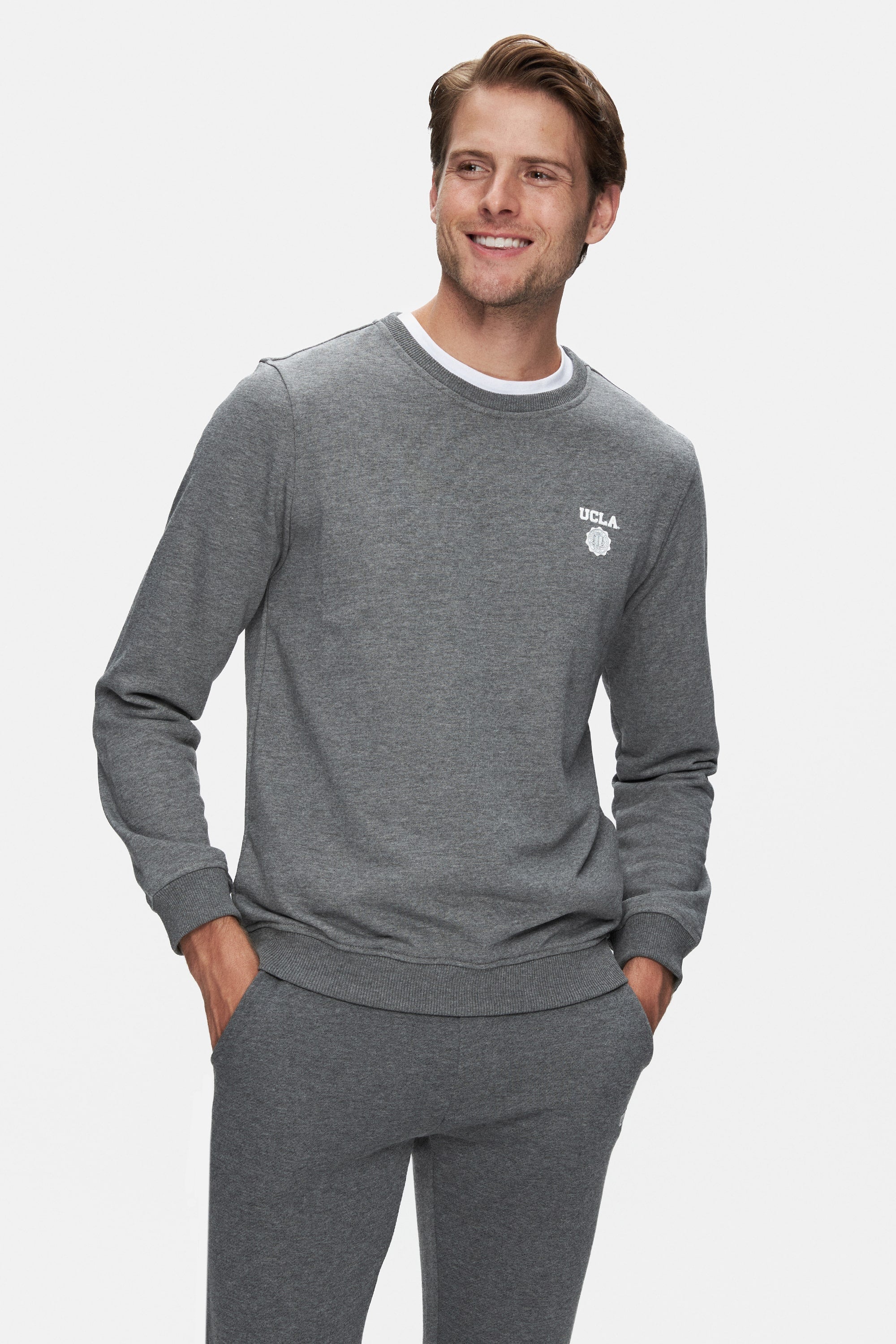 UCLA Bluza cu decolteu la baza gatului, regular fit, imprimeu cu logo, Gri inchis, VALLEY