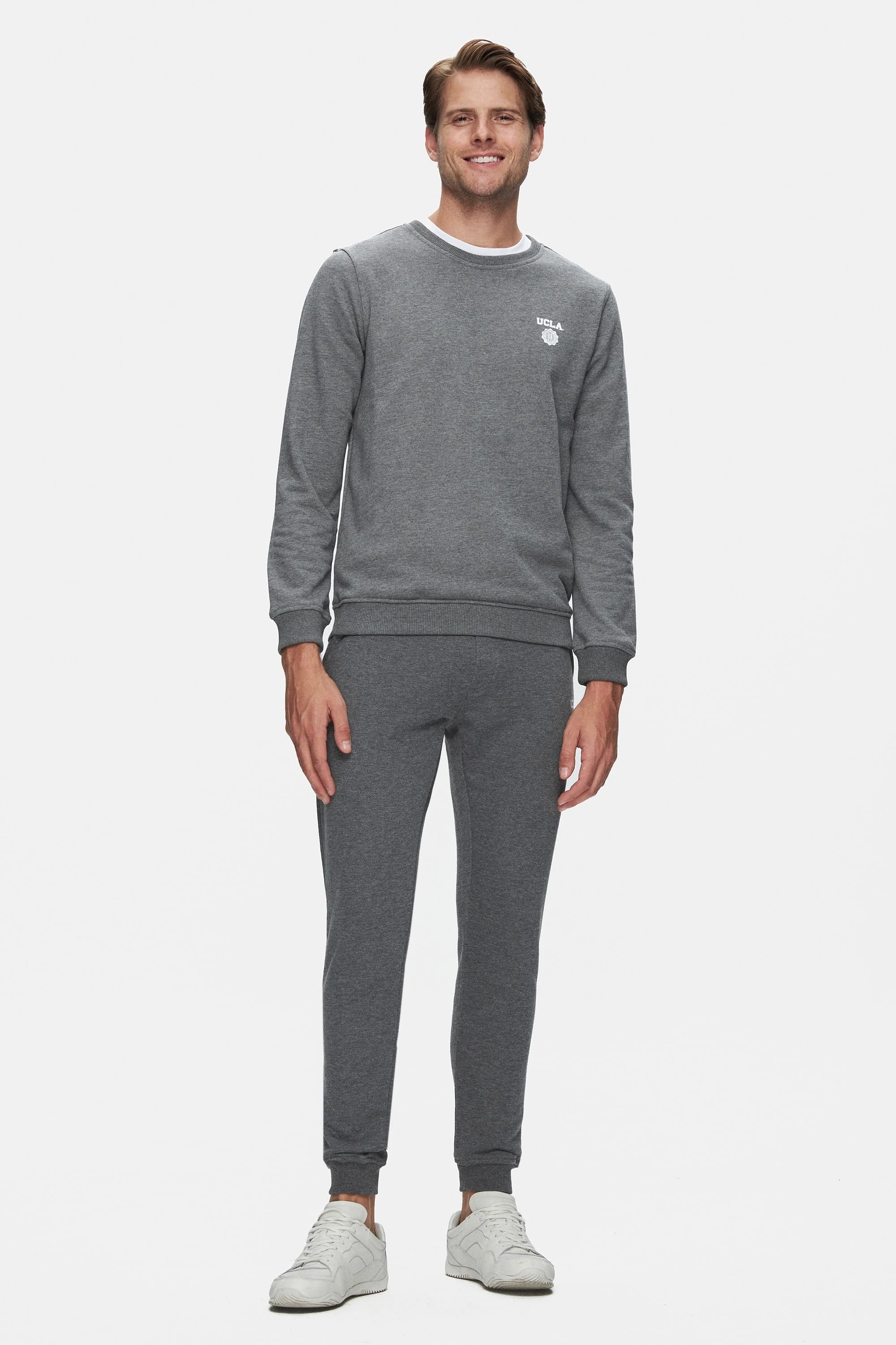 UCLA Bluza cu decolteu la baza gatului, regular fit, imprimeu cu logo, Gri inchis, VALLEY