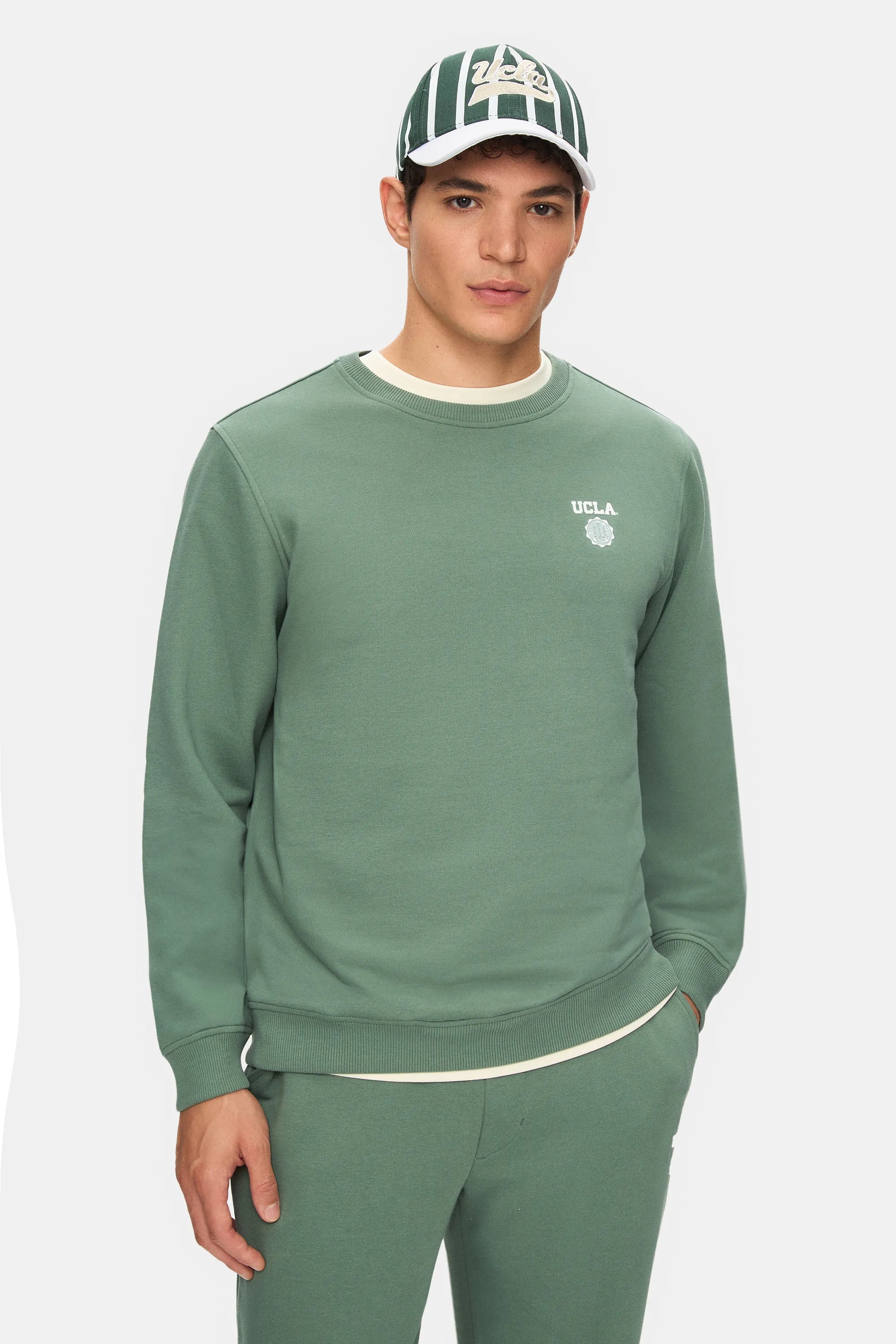 UCLA Bluza cu decolteu la baza gatului, regular fit, imprimeu cu logo, Verde, VALLEY